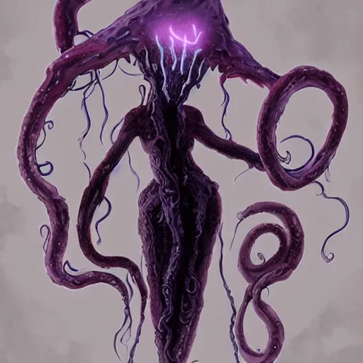 Prompt: concept designs for an ethereal wraith like figure with a squid like parasite latched onto its head and long tentacle arms that flow lazily but gracefully at its sides like a cloak while it floats around a forgotten kingdom in the snow searching for lost souls and that hides amongst the shadows in the trees, this character has hydrokinesis and electrokinesis for the resident evil village video game franchise with inspiration from the franchise Bloodborne and the mind flayer from stranger things on netflix