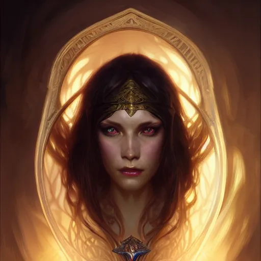 Image similar to Portrait of female sorceress, dark fantasy, medium shot, intricate, elegant, highly detailed, digital painting, artstation, concept art, smooth, sharp focus, illustration, art by artgerm and greg rutkowski and alphonse mucha