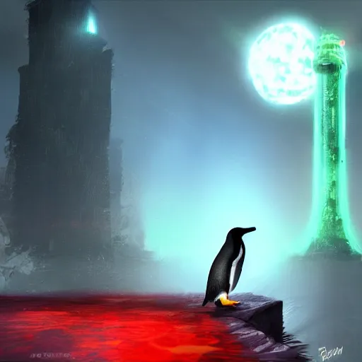 Image similar to penguin with red glowing eyes in front of a green glowing tower in the background, guild wars 2 art style