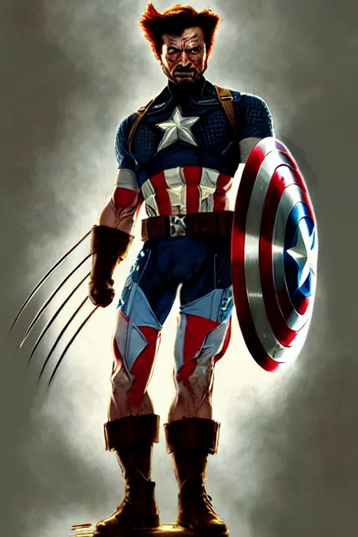 Image similar to wolverine as captain america, intricate, fantasy concept art, elegant, by Stanley Artgerm Lau, golden ratio, greg rutkowski, thomas kindkade, alphonse mucha, loish, norman Rockwell,