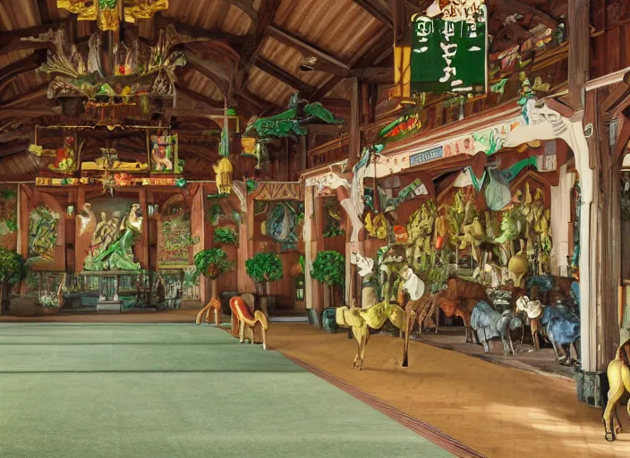 Image similar to main hall with horse statues, green and brown decorations by studio ghibli painting