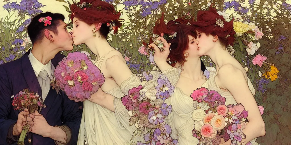 Image similar to the groom kisses the bride at a wedding full of flowers, bright and happy, dreamlike art, highly detail, 4 k realistic, krenz cushart. artem demura. alphonse mucha. yoji shinkawa artgerm. jon lothian. danilo torres. adi meyers. thomas reimann. gaston bussiere.