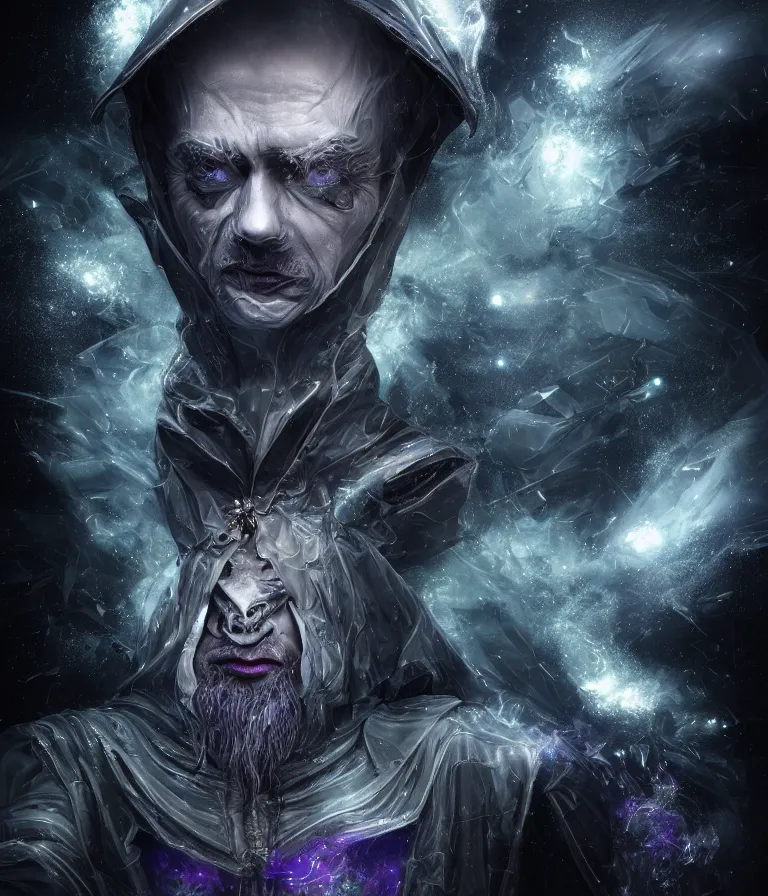 Image similar to impressive ominous front!! shot photo of a court jester character fine portrait fine portrait mesmerizing fractal hyper cubes platinum cracked dark future hyper dimensional space galactic crystal nebula edges elegant detailed intricate concept artstation sharp focus ray tracing cinematic masterpiece temporal corruption beeple wlop germ 8 4 k scifi glossy hyper realistic illustration canon eos r 3 fujifilm x - t 3 0 sony alpha a 6 6 0 0