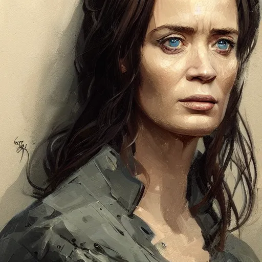 Prompt: portrait of a woman by greg rutkowski, emily blunt as an engineer, she is about 4 0 years old, wearing a utilitarian jumpsuit, highly detailed portrait, digital painting, artstation, concept art, smooth, sharp foccus ilustration, artstation hq