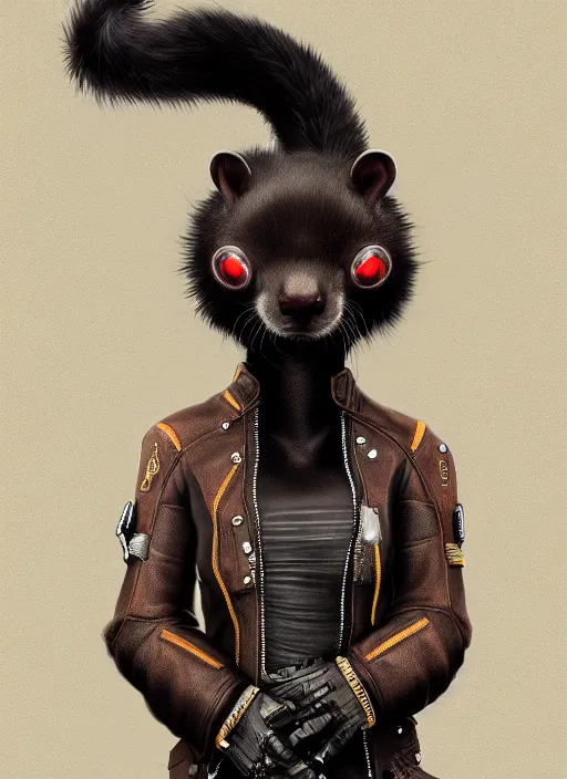 Prompt: cyberpunk anthropomorphic sable ferret, detailed fur, wearing leather jacket, medium shot portrait, digital painting, dynamite lighting, trending on ArtStation