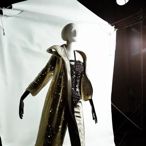 Image similar to an elegant mannequin, dressed in an intricate futuristic outfit, baggy pants, puffy shiny coat, sneakers, in a studio setting, studio lighting, dramatic lighting, studio photography