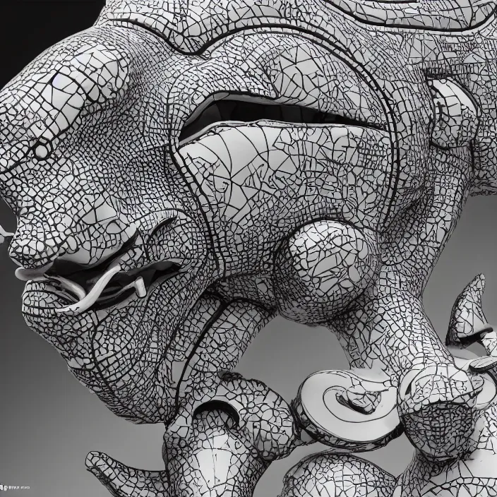 Prompt: jeff koons bauhaus style triceratops, intricate details, photorealistic, 8 k, art by todd mcfarlane