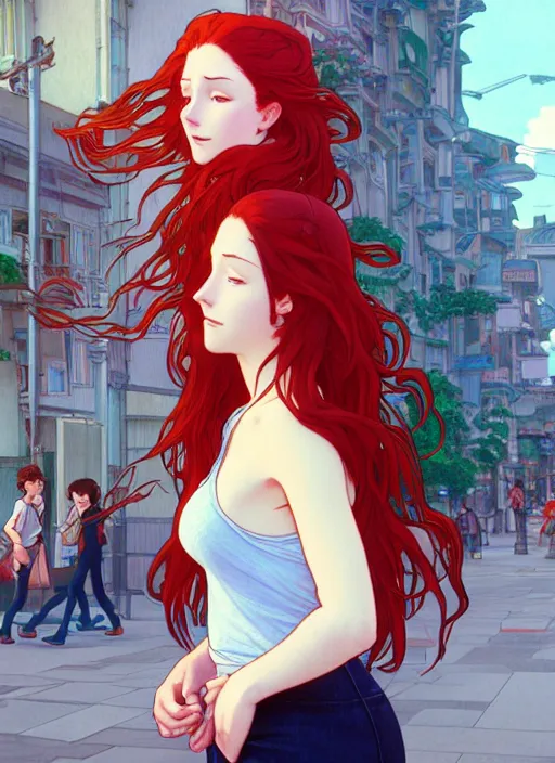 Image similar to young woman with long red hair standing at the corner of a busy street, path traced, highly detailed, high quality, digital painting, by studio ghibli and alphonse mucha, leesha hannigan, makoto shinkai, disney