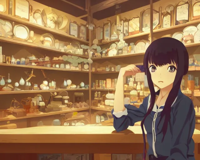 Prompt: anime visual, portrait of a young female traveler in a alchemist's shop interior, low light, cute face by ilya kuvshinov, yoh yoshinari, katsura masakazu, studio lighting, dynamic pose, dynamic perspective, strong silhouette, anime cels, cel shaded, flat shading, crisp and sharp, rounded eyes, moody