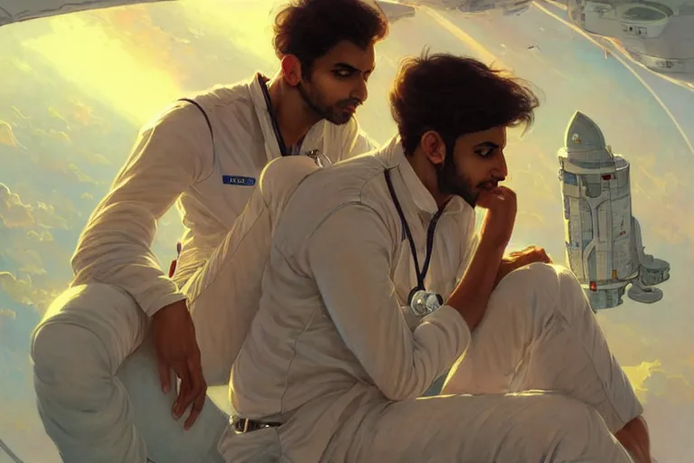 Image similar to Pensive good looking pale young Indian doctors wearing jeans in a space station above Earth, portrait, elegant, intricate, digital painting, artstation, concept art, smooth, sharp focus, illustration, art by artgerm and greg rutkowski and alphonse mucha