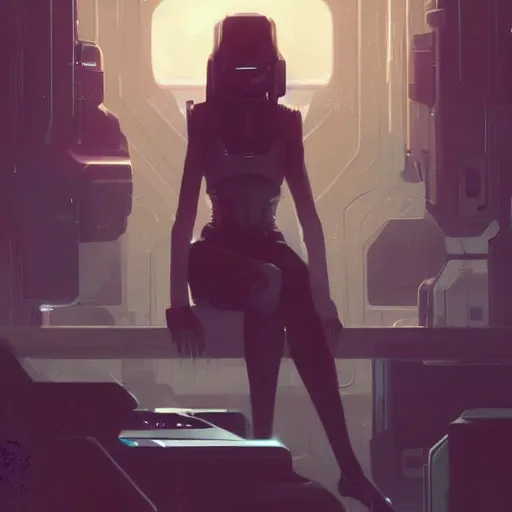 Image similar to scifi art by greg rutkowski, a very tall and slender woman with blond hair, sitting with the spaceship crew, dark lighting atmosphere, detailed portraits, nostalgic atmosphere, scifi, digital painting, artstation, concept art, smooth, sharp foccus ilustration, artstation hq