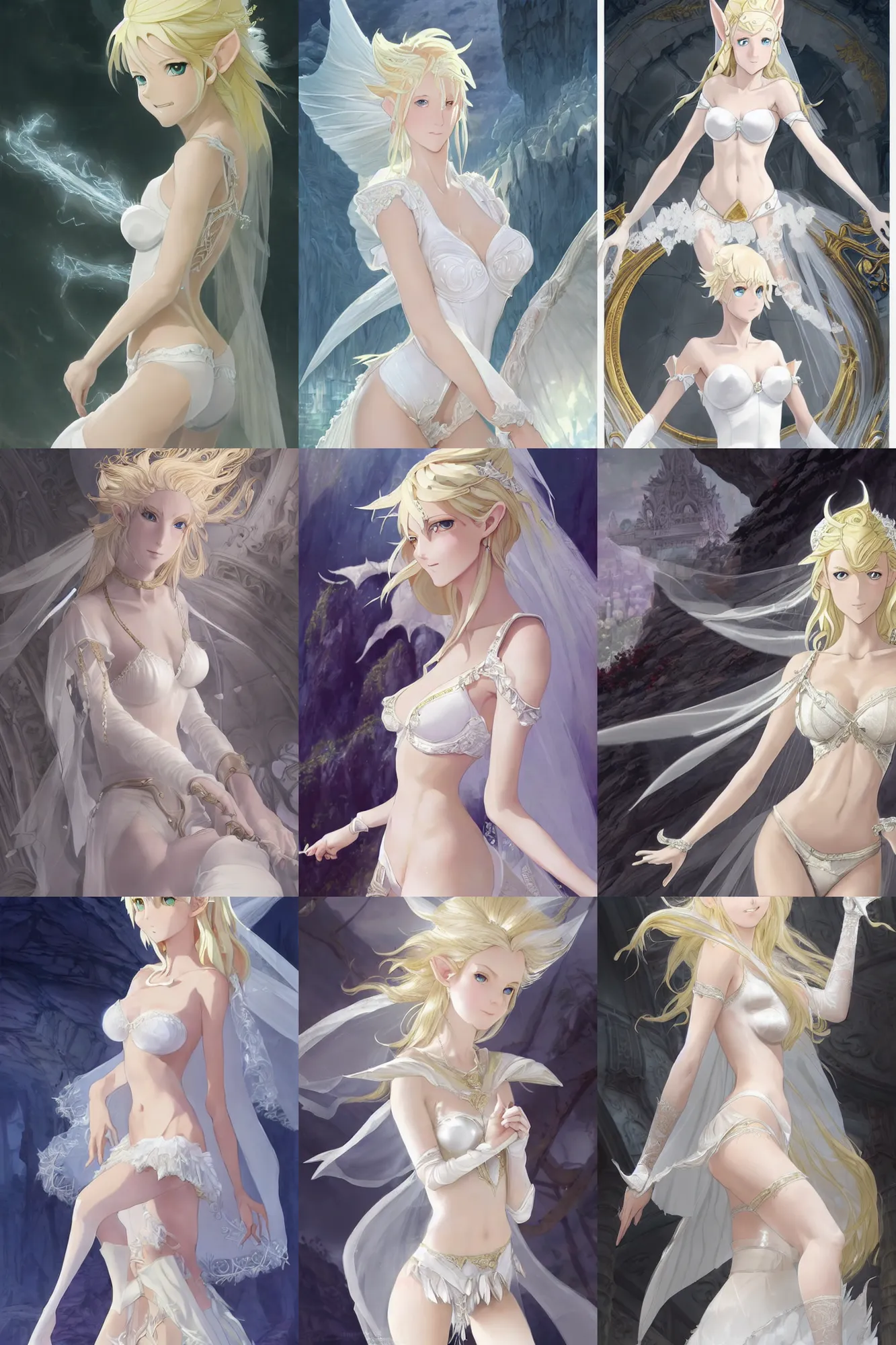 Prompt: Worksafe. Cinematic, epic. Fantasy, fairytale. Close-up heavenly gentle blonde elven magician princess wearing white luxury bridal bra with many frills and laces, expressing joy, at huge marble palace. By krenz cushart, makoto shinkai and pixiv. Accurately shaped manga face. A very clean image. Bold contour inklines. High contrast and gentle colors.