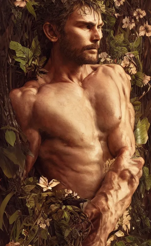 Image similar to god of the forest, 3 0 years old, rugged, handsome, male, detailed face, clean lines, atmospheric lighting, amazing, full body, thighs, flowers, muscular, intricate, highly detailed, digital painting, deviantart, concept art, sharp focus, illustration, art by greg rutkowski and alphonse mucha