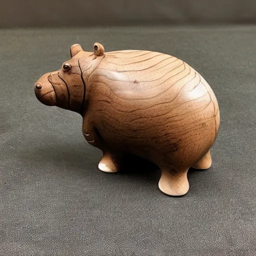 Prompt: a small hippo statue with natural wood belly and polished blue back