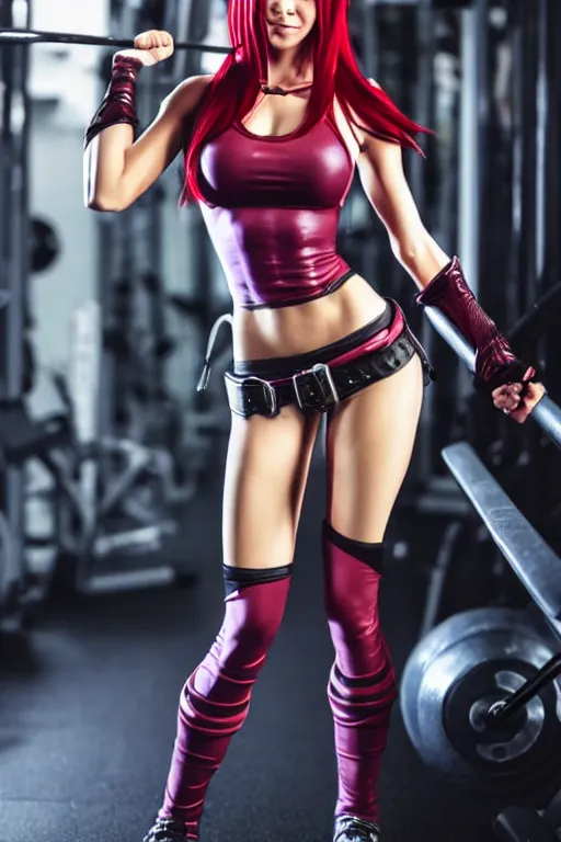 Image similar to Katarina from League of Legends at the gym, photorealistic full body, highly detailed