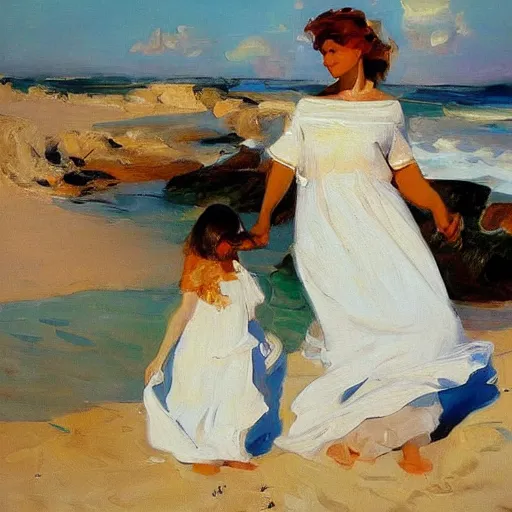 Image similar to a beautiful painting of of a woman in the beach with her family by sorolla. masterpiece, artstation