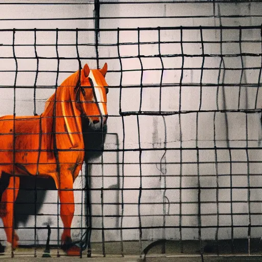 Image similar to horse with orange inmate clothes, in a jail