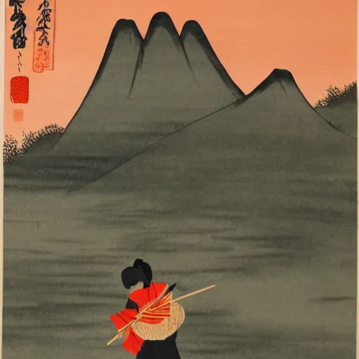 Prompt: japanese ink painting of a japanese woman holding a koi fish in her hands, with bamboo trees, a mountain and a deep red sun in the background