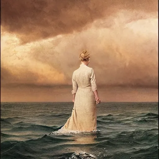 Prompt: Elle Fanning lost at sea at night, stormy weather, extremely detailed masterpiece, oil on canvas, Roger Deakin’s cinematography, by Norman Rockwell,