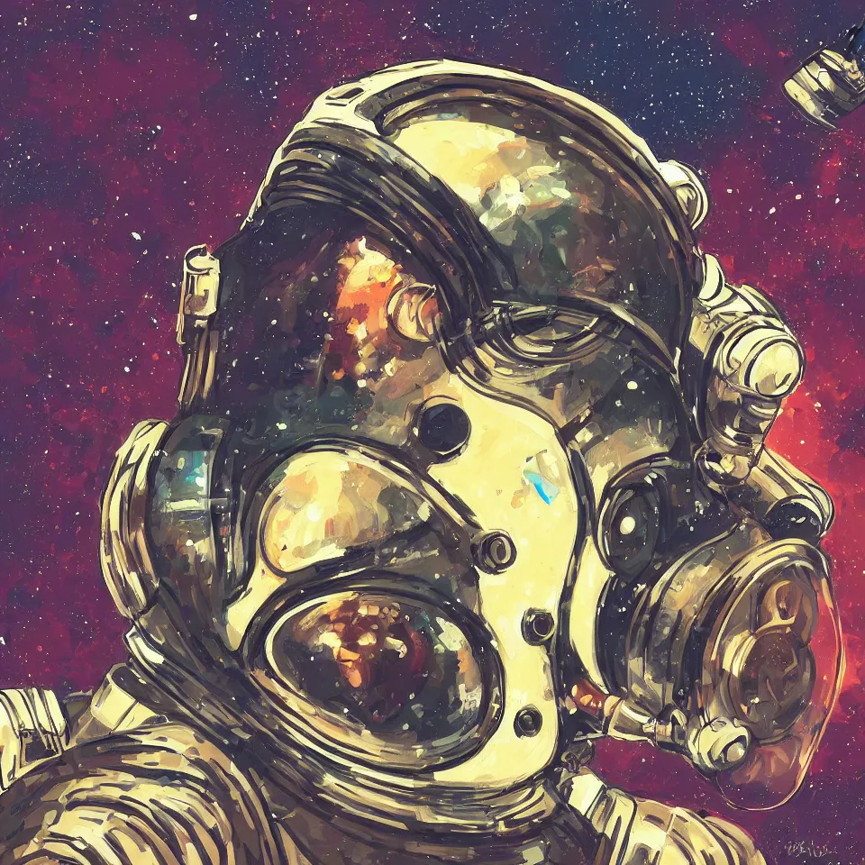 Image similar to a detailed single astronaut helmet wearing a headphone by jack kirby, digital painting, digital art, beautiful, dynamic lighting, cinematic, epic composition, masterpiece