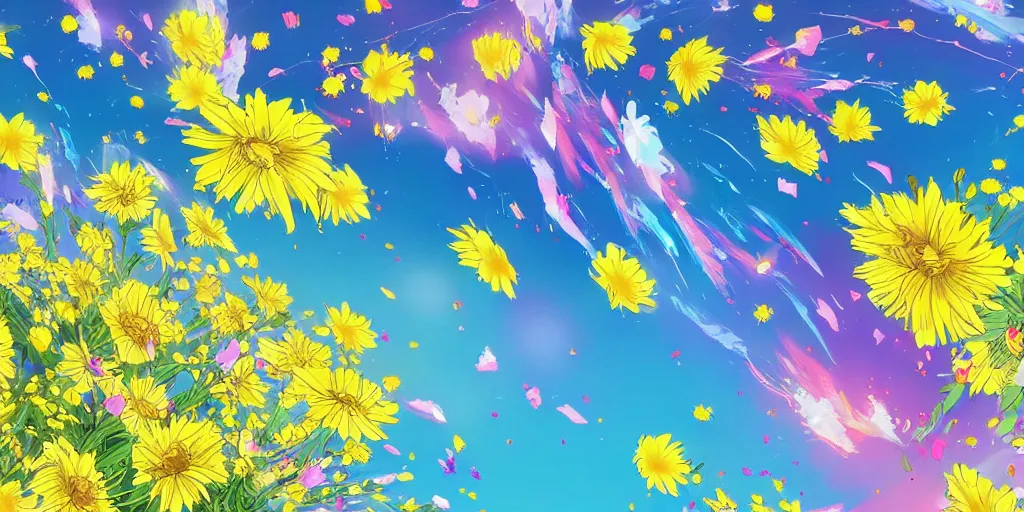 Image similar to background art of magic invisible blade slicing through a bouquet of yellow daisies, flowers exploding spraying and splattering, big puffy clouds, exploding roses, force waves, large rose petals, lotus petals, large polygonal background elements, large polygons, studio ghibli anime, radiant lighting, artgerm, manga, trending on artstation, art nouveau, mature colors