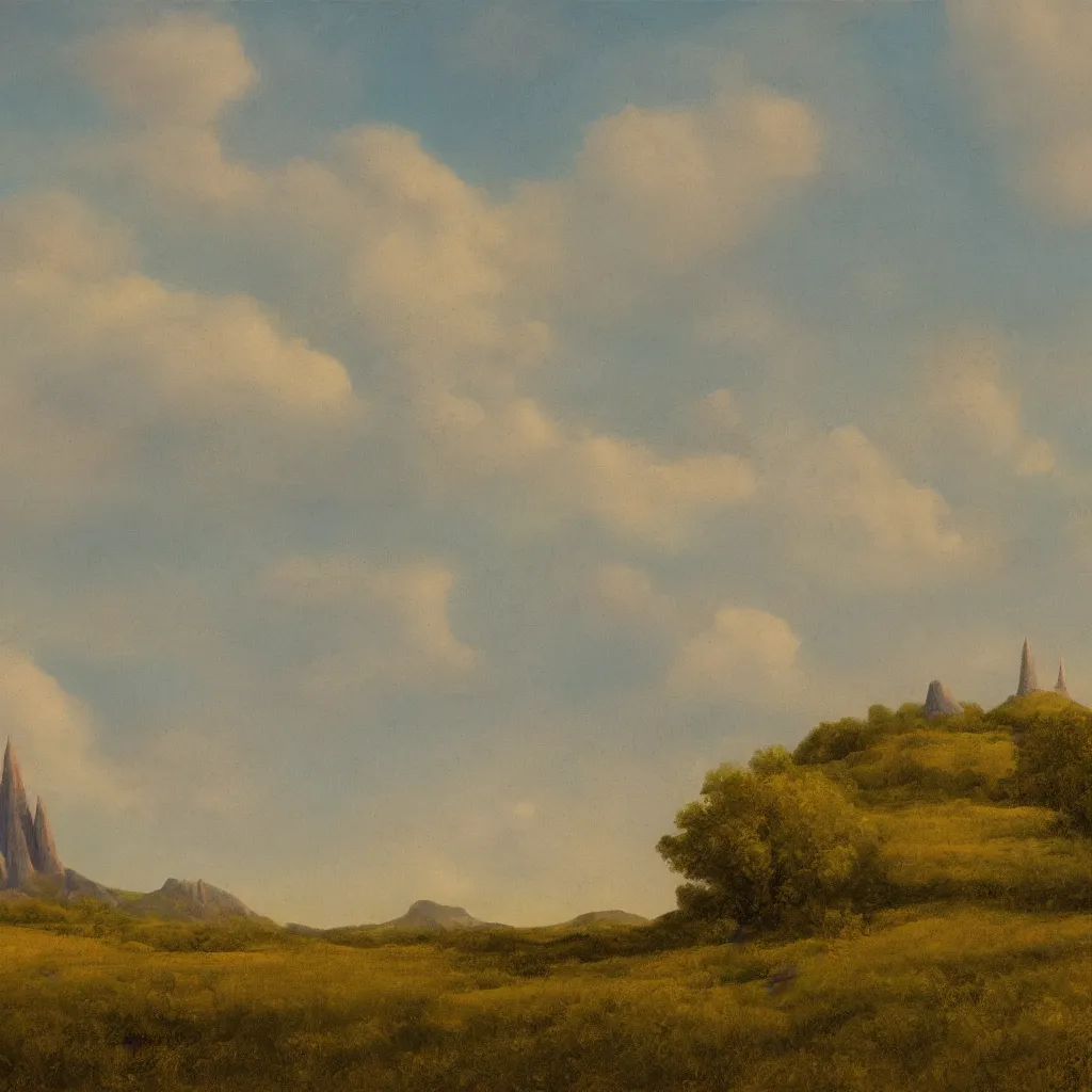 Image similar to a wide angle landscape of a prairie with a very large thin spire mountain in the distance in the style of rococo digital painting