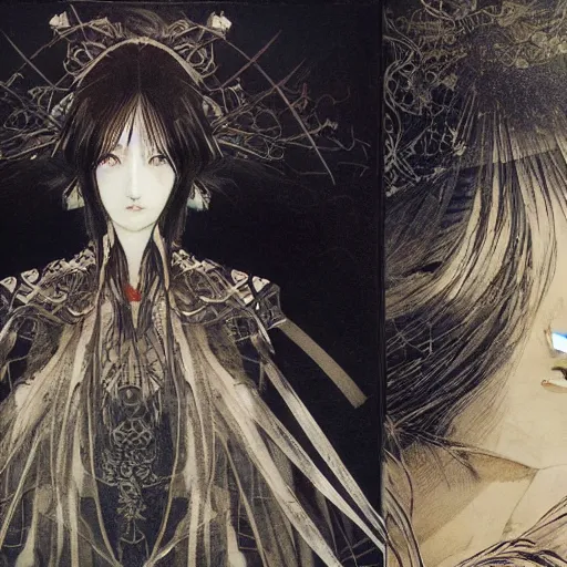 Prompt: yoshitaka amano blurred and dreamy realistic illustration of a young japanese woman with black eyes, wavy white hair fluttering in the wind wearing elden ring armor with engraving, abstract patterns in the background, satoshi kon anime, noisy film grain effect, highly detailed, renaissance oil painting, weird portrait angle, blurred lost edges, three quarter view