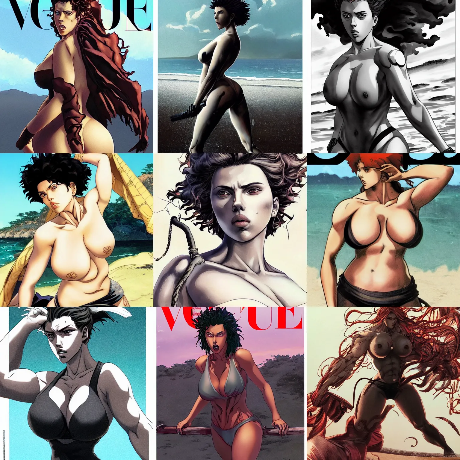 Prompt: thicc instagram scarlett johansson as baki with perfect symmetrical anatomical proportions, afro samurai animes style, by greg rutkowski, pencil and ink, full dynamic colour, dramatic lighting, wide angle lens, full body within frame, wearing swim suite armour, beautiful beach in the background sharp, smooth, intricate detail, hyper detail, magazine cover, vogue