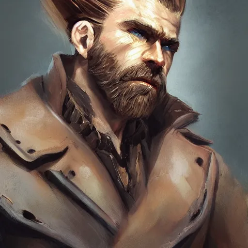 Image similar to portrait of a muscular, grim, ponytail haired blonde man in his late 30's, wearing a thick brown leather coat, looking to his side, scarred face, some beard, hunter, DnD character, fantasy character, digital art by Ruan Jia, Krenz Cushart, Rossdraws and Boris Vallejo