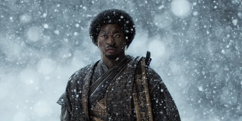 Image similar to a film still of a black man starring in a japanese blockbuster film as ancient samurai, snow falling, shallow depth of field, cinematic, award winning cgi, vfx, film still