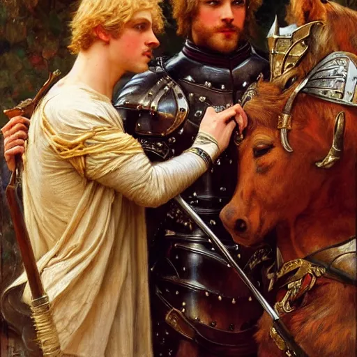 Prompt: attractive fully clothed arthur pendragon confesses his love for his attractive fully clothed male knight. highly detailed painting by gaston bussiere and j. c. leyendecker 8 k