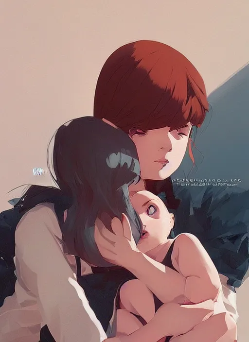 Prompt: a mother cradling her baby by ilya kuvshinov and cushart krentz and gilleard james