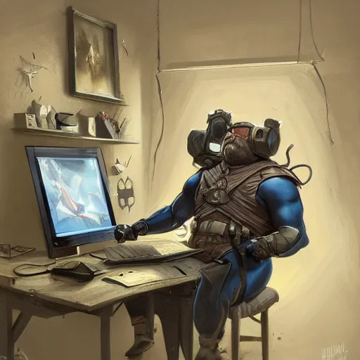 Image similar to a insanely detailed painting of a slightly overweight man wearing a homemade superhero costumed, sitting at a computer desk, nervously and clicking on the mouse, in the style of peter mohrbacher, dramatic lighting and composition, trending on artstation, concept art, comic book, graphic novel