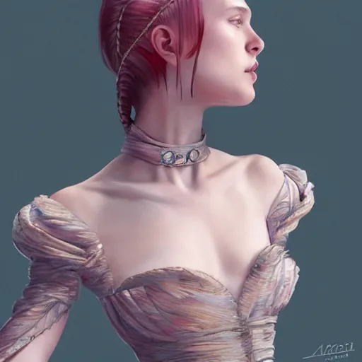 Image similar to A masterpiece portrait of a Incredibly beautiful futuristic high fashion queer model girl with a large luxurious Victorian necklace made of barbred wire. Rococo dress from wax. trending on artstation, digital art, by Stanley Artgerm Lau, WLOP, Rossdraws, James Jean, Andrei Riabovitchev, Marc Simonetti, Yoshitaka Amano