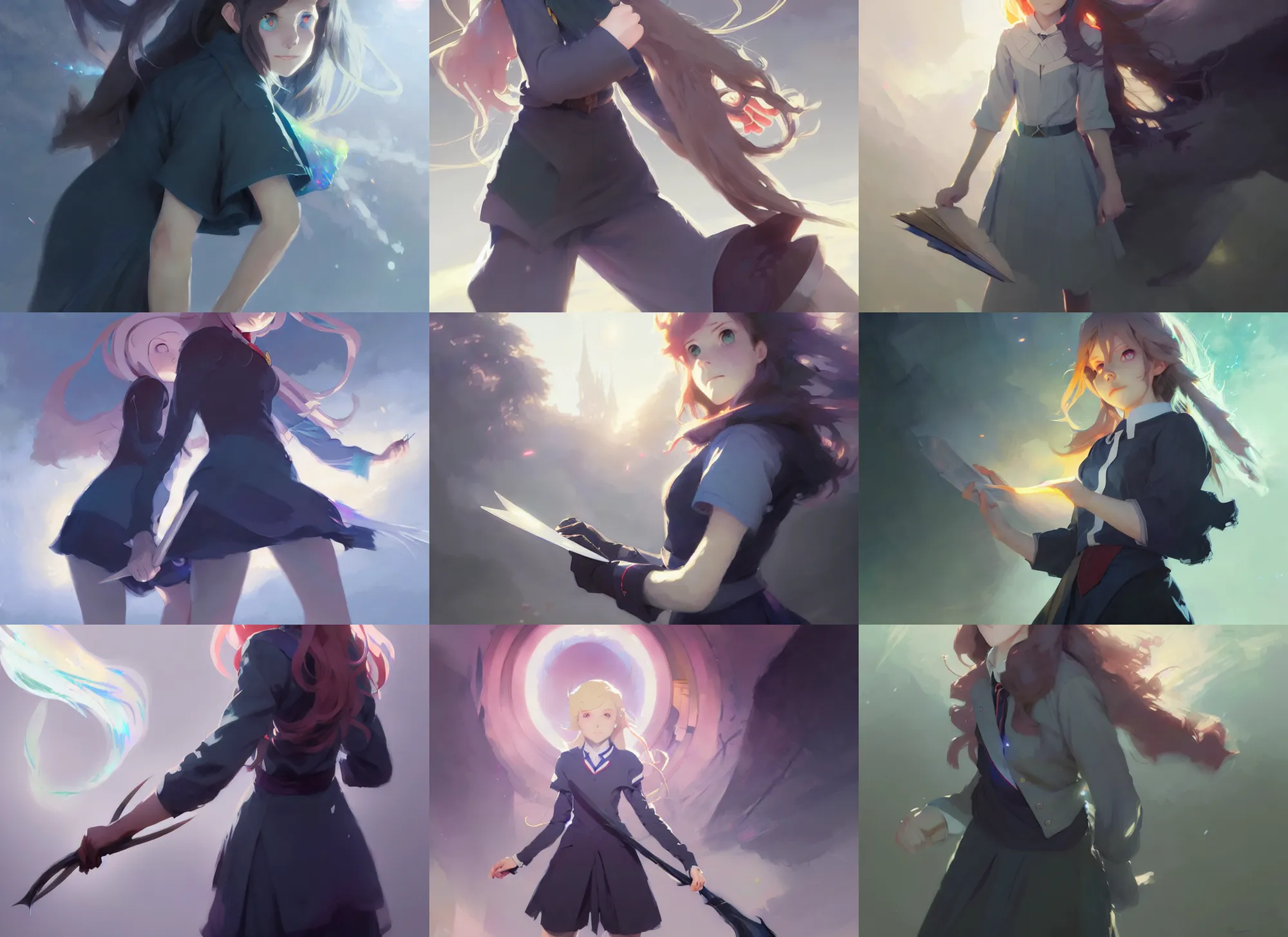 Prompt: witch academia, female college student, light iridescent hair color, magic school uniform, intricate, sharp focus, illustration, highly detailed, digital painting, concept art, matte, art by ruan jia and wlop and greg rutkowski, masterpiece