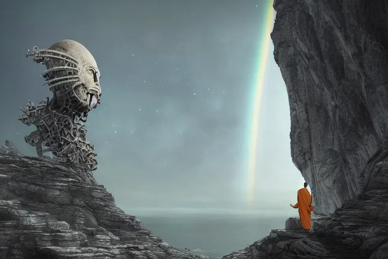 Prompt: a monk looking from a cliff at a huge alien spacecraft in the distance, black giger alien architecture, planets, cosmic, nebula highly detailed, vivid color, cinematic lighting, perfect composition, rainbowshift, sharp focus, 8 k, h. r giger, derek zabrocki, greg rutkowski, sangyeob park, maxfield parrish, octane render