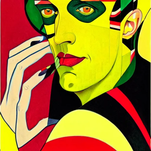 Prompt: art by joshua middleton, the yellow creeper, a tall manically smiling yellow - skinned man with green and black striped cycling shorts and wearing a long red and black striped ostrich feather boa, yellow makeup, mucha, kandinsky, poster, art deco motifs, comic art, stylised modern design, scarlet feather boa