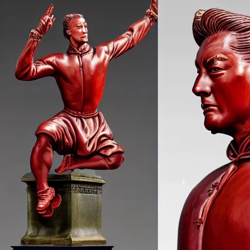 Prompt: museum young van damm portrait statue monument made from porcelain brush face hand painted with iron red dragons full - length very very detailed intricate symmetrical well proportioned