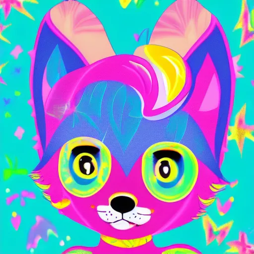 Prompt: A Lisa frank style inspired image, of a cute baby fox