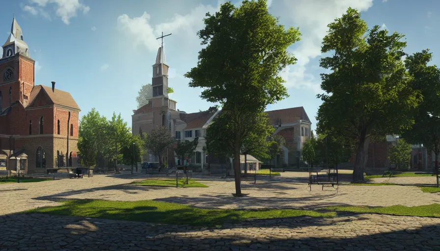 Prompt: small midwest town, square, trees, church, sunny day, volumetric light, realistic, hyperdetailed, artstation, cgsociety, 8 k