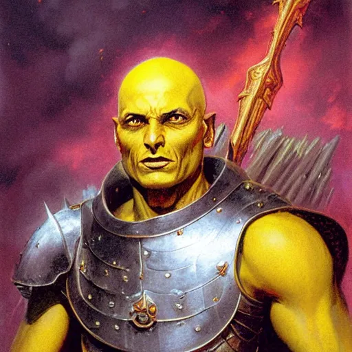 Image similar to ( ( ( quarter length portrait of a gaunt noseless yellow - skinned bald githyanki warrior in a breastplate, wielding a magical silver greatsword ) ) ), greg rutkowski, frank frazetta, alexandre chaudret, boris vallejo, michael whelan, miro petrov, magali villeneuve, donato giancola, d & d