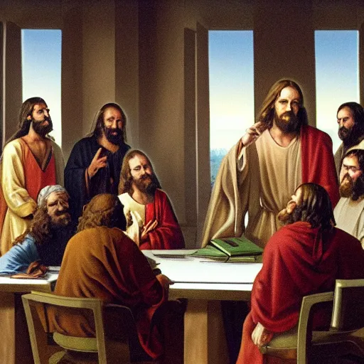 Prompt: Jesus as a business executive presiding over a boardroom meeting