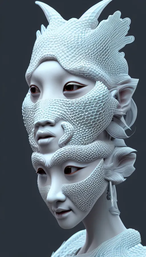 Image similar to 3 d goddess close - up profile portrait. beautiful intricate highly detailed korean gumiho mask and traditional hanbok. stingray magpie, bio luminescent, plasma, ice, water, wind, creature, artwork by tooth wu and wlop and beeple and greg rutkowski, octane 3 d render