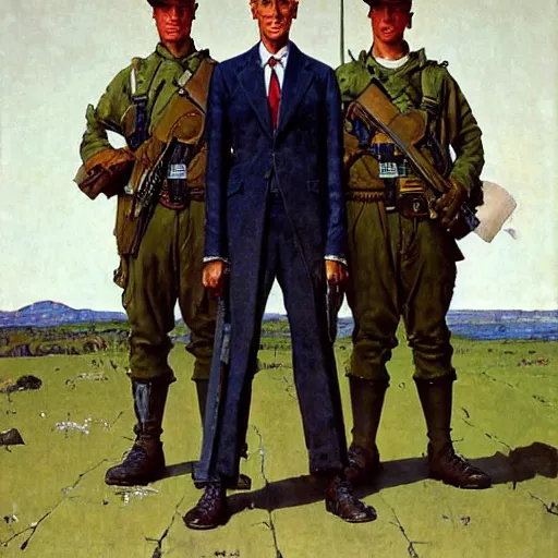 Prompt: portrait of a proud man flanked by two private soldiers. He has his hands on their shoulders. By Norman Rockwell and Gerald Brom