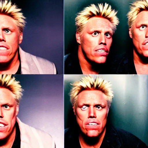 Image similar to Gary Busey symmetrical face, headshot, sad