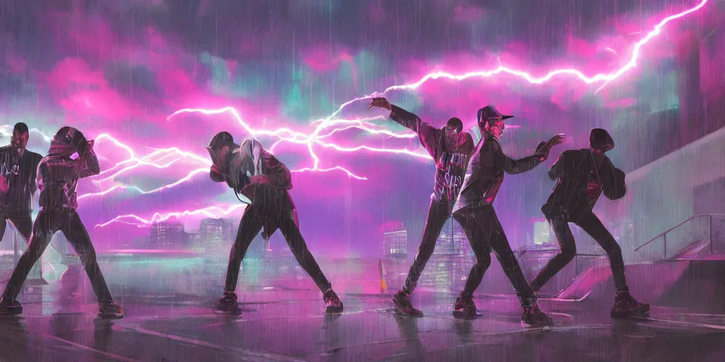 Prompt: Lightning storm rap battle, digital art, vapor wave, hip hop, blade runner, trending on Artstation, professional artist, detailed, 4k