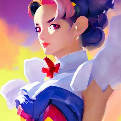 Image similar to greg manchess portrait painting of sailor moon as overwatch character, medium shot, asymmetrical, profile picture, organic painting, sunny day, matte painting, bold shapes, hard edges, street art, trending on artstation, by huang guangjian and gil elvgren and sachin teng