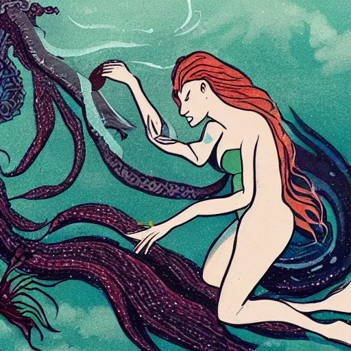 Image similar to a mermaid with a long eel tail in place of legs that is covered in algae and seaweed while she swims toward the ocean floor accompanied by a very threatening sea monster