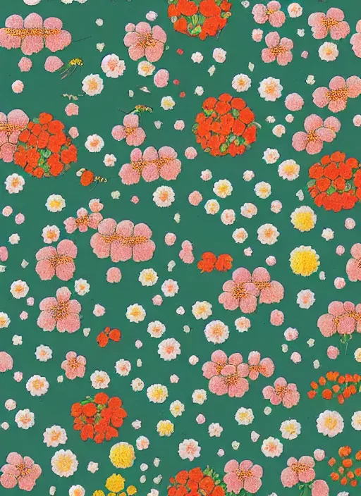 Image similar to multiverse of flowers, garden flowers pattern!!!, berries!!, dragonflies | illustrated by satoshi kon and greg rutkowski, 7 0's vintage sci - fi design