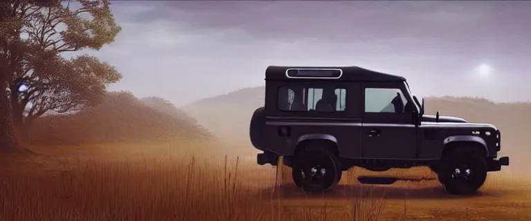 Image similar to Land Rover Defender 110 (1985), an epic fantasy, dramatic lighting, cinematic, establishing shot, extremely high detail, photorealistic, cinematic lighting, artstation, by simon stalenhag, The Elder Scrolls III: Morrowind, the Nerevarine drives across Morrowind, strange flora, strange fauna, Bull Netch floating around, Morrowind fauna prominent across the landscape